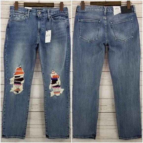 Nwt Levi's Size 28/27 Made & Crafted Pin Dot Stripe Ribbed Patch Boyfriend Jeans - Picture 1 of 11